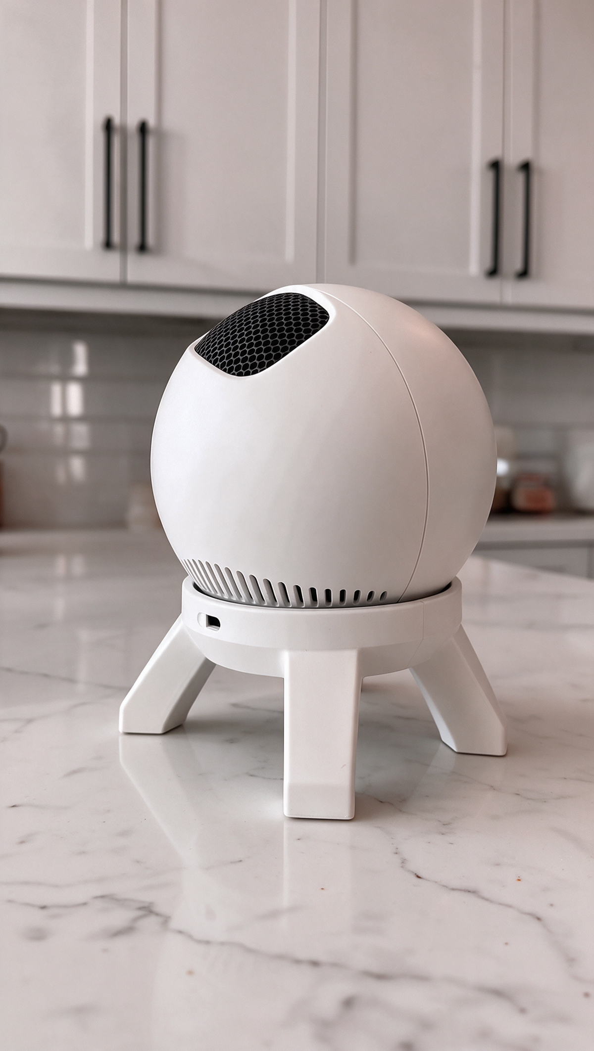 Lumen Orbit Room Projector in white, three-quarter side view showing the sphere and four-leg stand