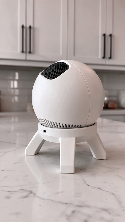 Lumen Orbit Room Projector in white, three-quarter side view showing the sphere and four-leg stand