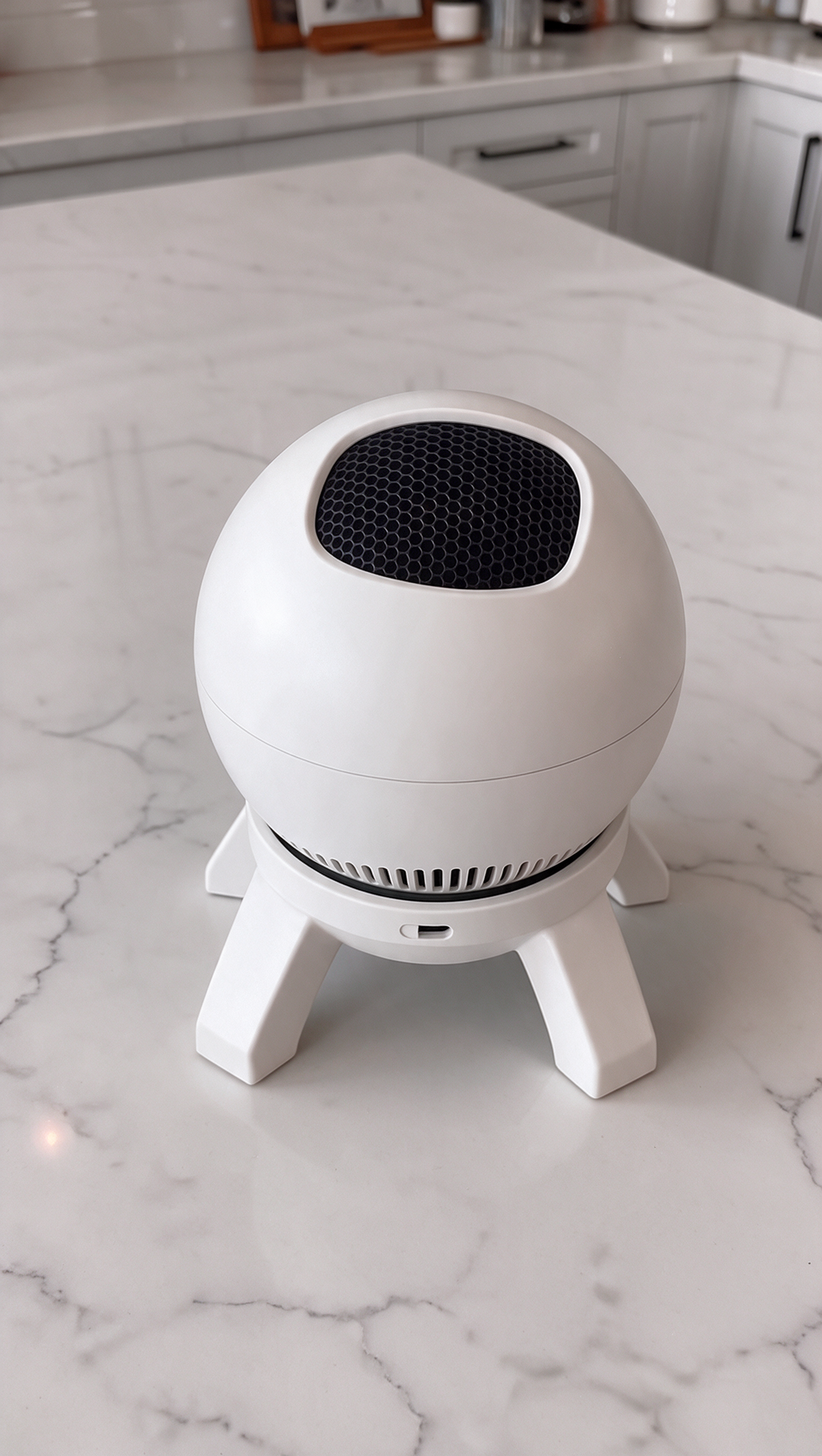Lumen Orbit Room Projector in white, top-down view showing the honeycomb projection lens