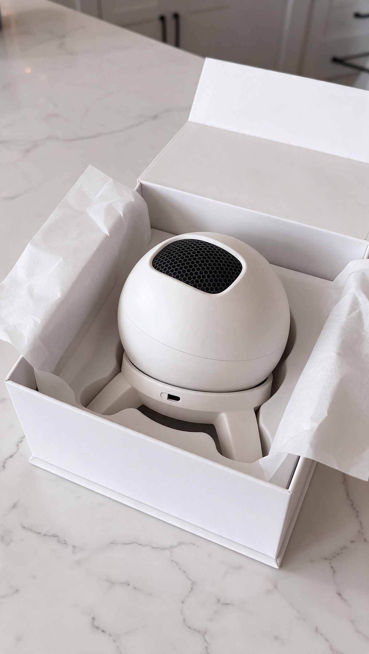 Lumen Orbit Room Projector nestled in its white gift box with tissue paper